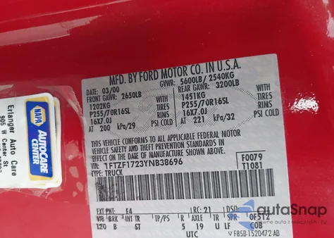 2000 Ford F-150 Work Series/Xl/Xlt из США, поврежденный, VIN 1FTZF1723YNB38696